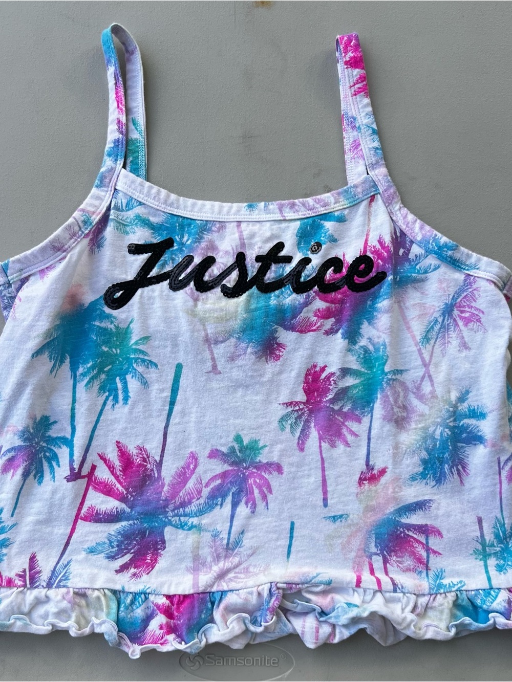 Justice Girls White Tank Top with Pink & Teal Palm Print